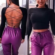 Sexy Backless Long Sleeve Round Neck Solid Color Crop Top