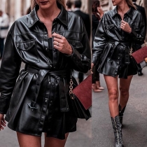 Fashion Long Sleeve POLO Collar PU Leather Coat with Waist Strap