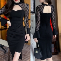 Sexy Lace Spliced Trumpet Sleeve Irregular Hem Slim Fit Dress