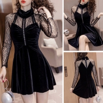 Sexy Lace Spliced Long Sleeve Stand Collar A-line Dress