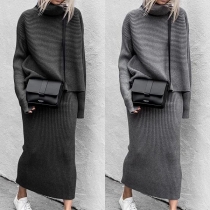Fashion Solid Color Long Sleeve Turtleneck Knit Top + Skirt Two-piece Set