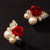 Fashion Rhinestone Pearl Inlaid Rose Shaped Stud Earrings