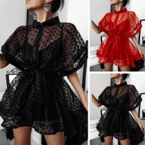 Sexy Cami Top +  POLO Collar Dot See-through Mesh Short Sleeve Shirt Two-piece set