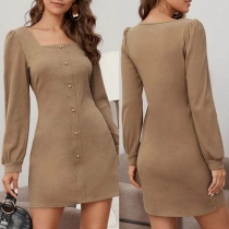 Elegant Solid Color Long Sleeve Square Collar Front-button Dress