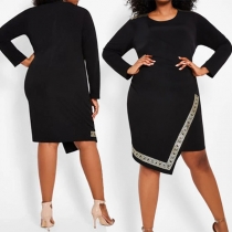 Fashion Long Sleeve Round Neck Irregular Hem Slim Fit Dress