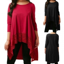 Chic Style 3/4 Sleeve Round Neck Lace Spliced Irregular Hem T-shirt