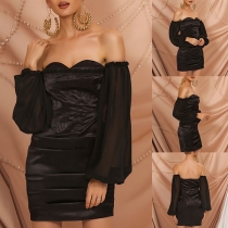 Sexy Off-shoulder Gauze Spliced Puff Sleeve Slim Fit Dress
