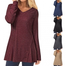 Fashion Solid Color Long Sleeve V-neck Loose T-shirt