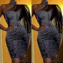 Sexy One-shoulder Gauze Spliced Long Sleeve Slim Fit Party Dress