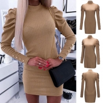Fashion Solid Color Long Sleeve Mock Neck Slim Fit Knit Dress