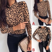 Fashion Long Sleeve Mock Neck Leopard Printed T-shirt