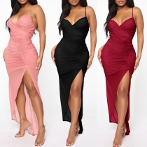 Sexy Backless V-neck Gauze Spliced Slit Hem Sling Dress