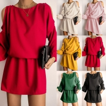 Sexy Off-shoulder Long Sleeve Round Neck Solid Color Dress