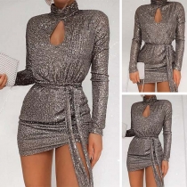 Sexy Long Sleeve Mock Neck Hollow Out Sequin Dress