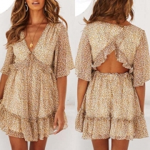 Sexy Backless V-neck Trumpet Sleeve Ruffle Hem Leopard Printed Dress