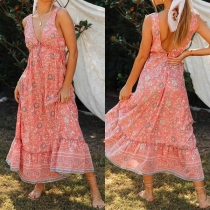 Bohemian Style Backless V-neck Sleeveless Printed Maxi Dress