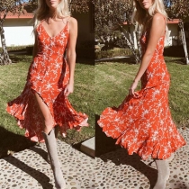 Sexy Backless V-neck Irregular Ruffle Hem Printed Sling Dress