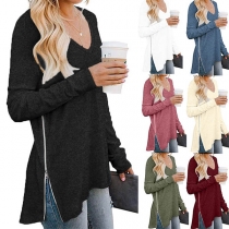 Fashion Solid Color Long Sleeve V-neck High-low Hem T-shirt