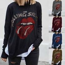 Chic Style Letters Lip Printed Long Sleeve Round Neck T-shirt