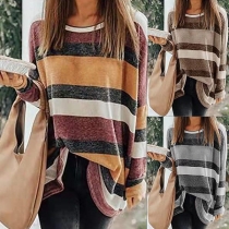 Fashion Long Sleeve Round Neck Loose Striped T-shirt