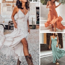 Sexy Backless V-neck Irregular Hem Printed Sling Dress