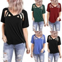 Fashion Solid Color Short Sleeve V-neck Hollow Out T-shirt