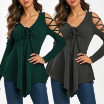 Sexy Hollow Out Long Sleeve V-neck Irregular Hem T-shirt
