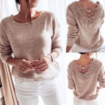 Sexy Lace Spliced Long Sleeve Round Neck Knit Top