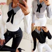 Fashion Plaid Spliced Bow-knot POLO Collar Long Sleeve Top