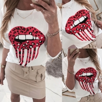 Chic Style Red-lip Printed Long Sleeve Round Neck T-shirt