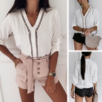 Fashion Solid Color 3/4 Sleeve V-neck Hollow Out Blouse