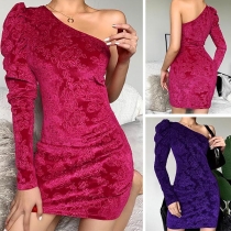 Sexy One-shoulder Long Sleeve Slim Fit Jacquard Dress