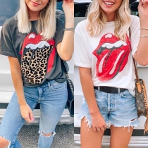 Chic Style Red-lip Printed Short Sleeve Round Neck T-shirt