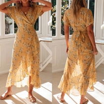 Bohemian Style Short Sleeve V-neck Irregular Ruffle Hem Printed Dress