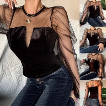 Sexy See-through Gauze Spliced Puff Sleeve Round Neck Top