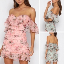 Sexy Backless Off-shoulder Ruffle Printed Dress
