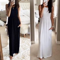 Fashion Solid Color Sleeveless Round Neck High Waist Maxi Dress