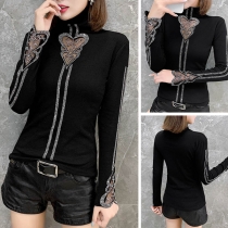 Sexy Rhinestone Spliced Long Sleeve Mock Neck Hollow Out Top