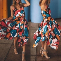 Sexy Backless V-neck Irregular Hem Printed Sling Dress