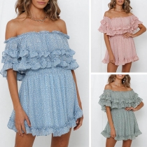 Sexy Off-shoulder Boat Neck Ruffle Printed Dress