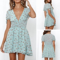 Sexy Deep V-neck Short Sleeve High Waist Printed Dress