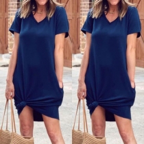 Simple Style Short Sleeve V-neck Solid Color Dress