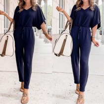 Elegant Solid Color Short Sleeve V-neck High Waist Jumpsuit