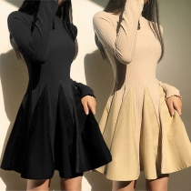 Fashion Long Sleeve Mock Neck High Waist A-line Dress