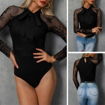 Sexy See-through Lace Spliced Long Sleeve Bow-knot Bodysuit