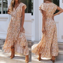 Bohemian Style V-neck Irregular Ruffle Hem Printed Dress