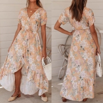 Sexy V-neck Short Sleeve Irregular Ruffle Hem Printed Dress