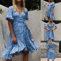 Sexy V-neck Lotus Sleeve Irregular Hem Printed Dress