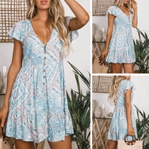 Sexy V-neck Short Sleeve Front-button Printed Dress