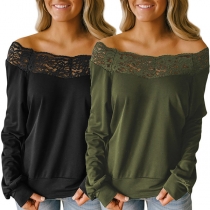 Sexy Lace Spliced Boat Neck Long Sleeve Solid Color T-shirt